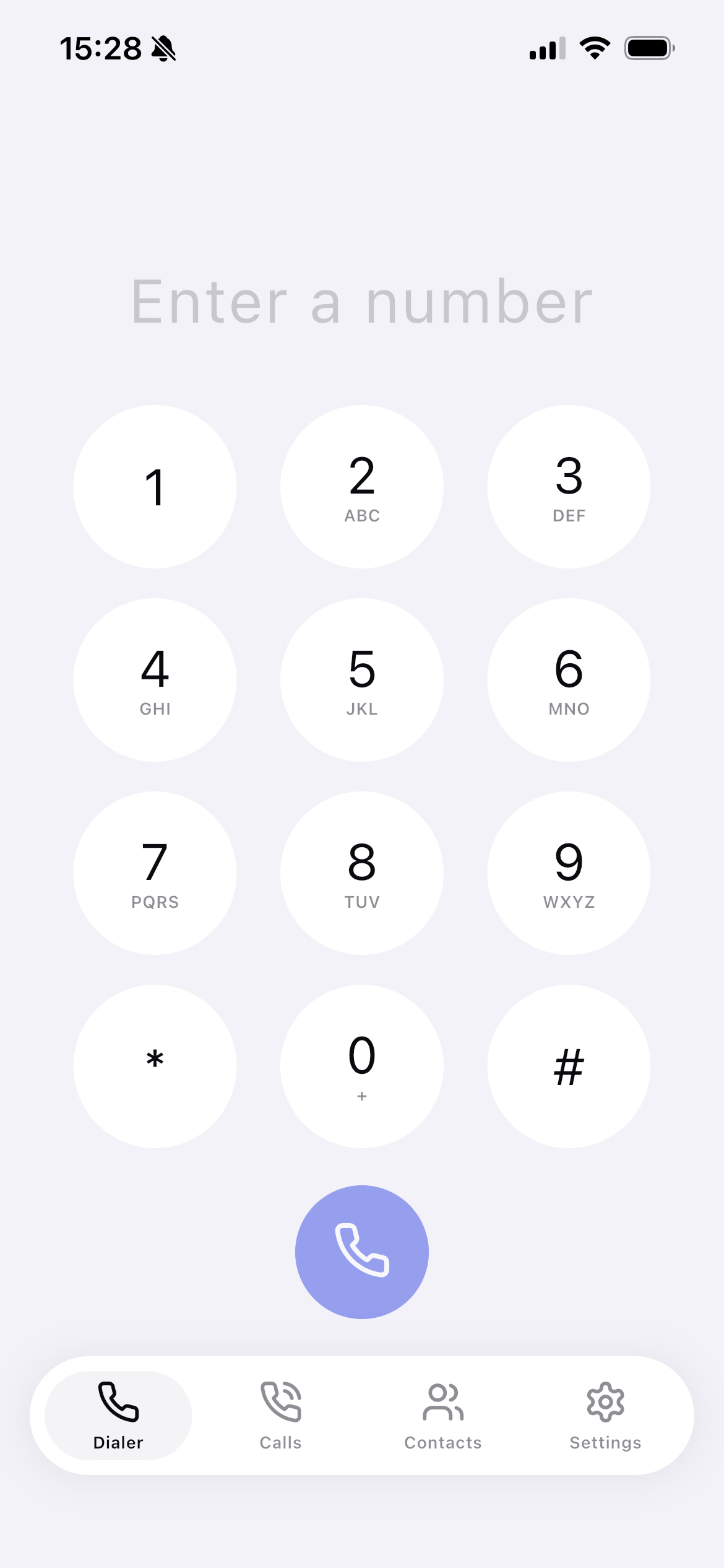 VoIPMe dialer screen — number pad with prominent call button